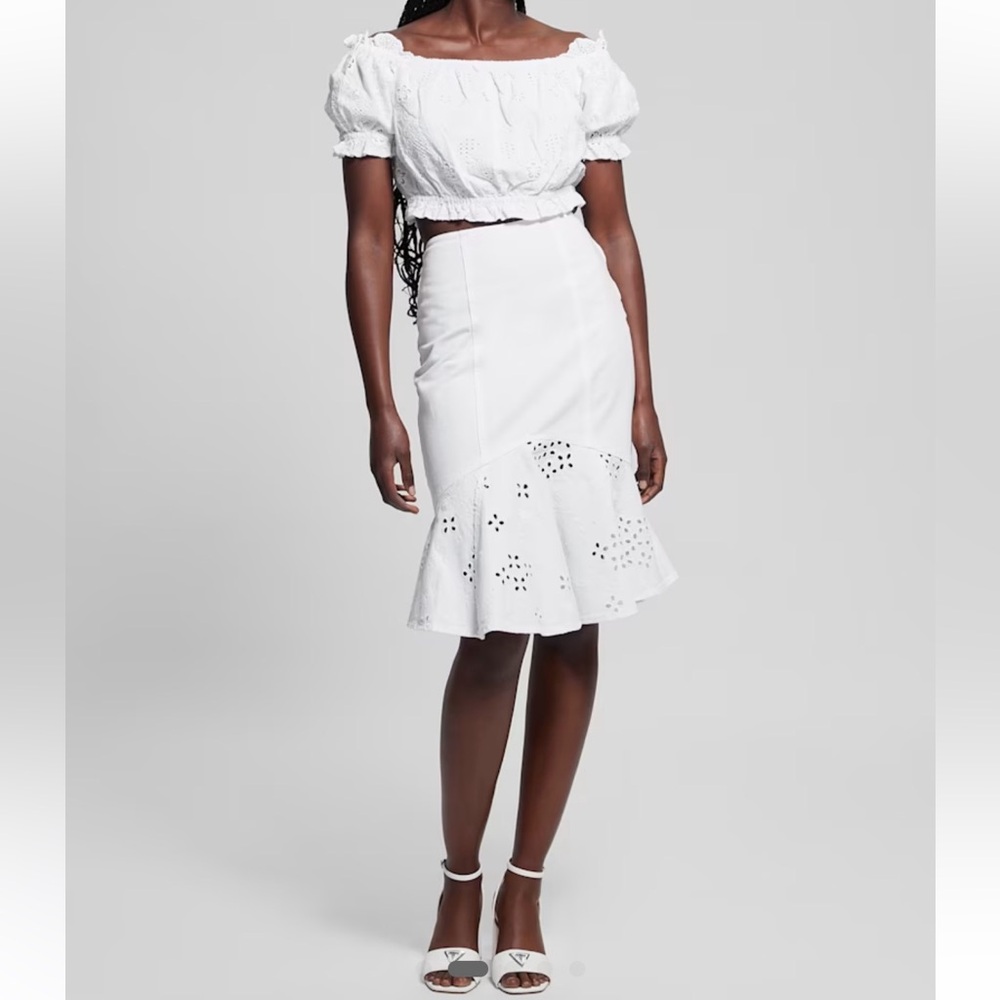 GUESS White Eyelet Midi Flounce Skirt